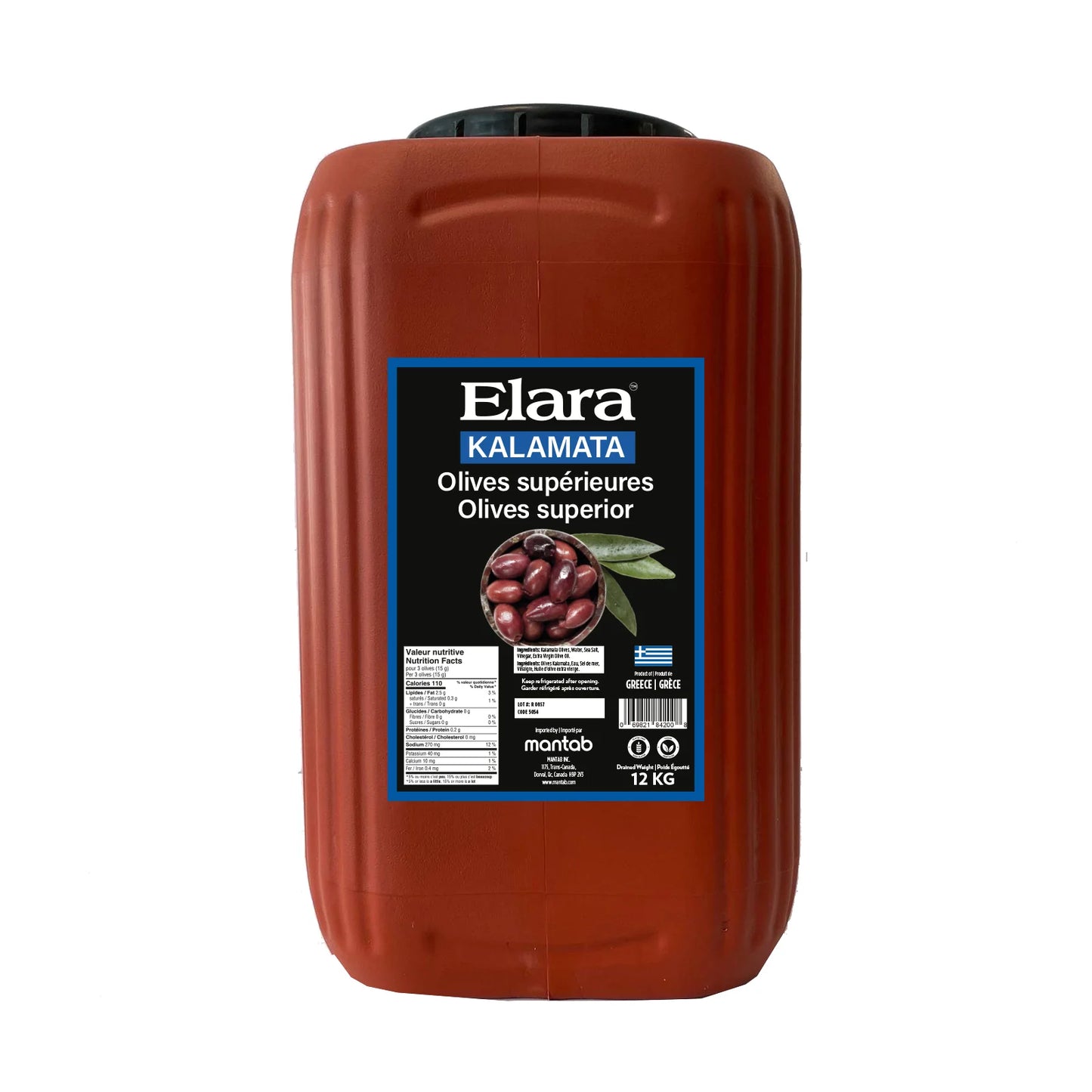 Elara Whole Superior Kalamata Olives, 12 kg
