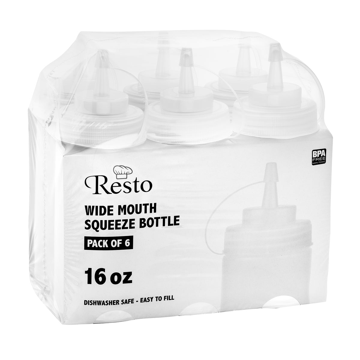 Resto 473 mL (16 oz) Clear Wide-mouth Squeeze Bottle
Pack of 6