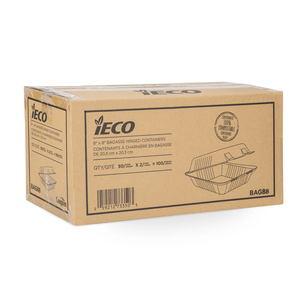 iEco 8” x 8” Hinged Bagasse Containers 100-pack