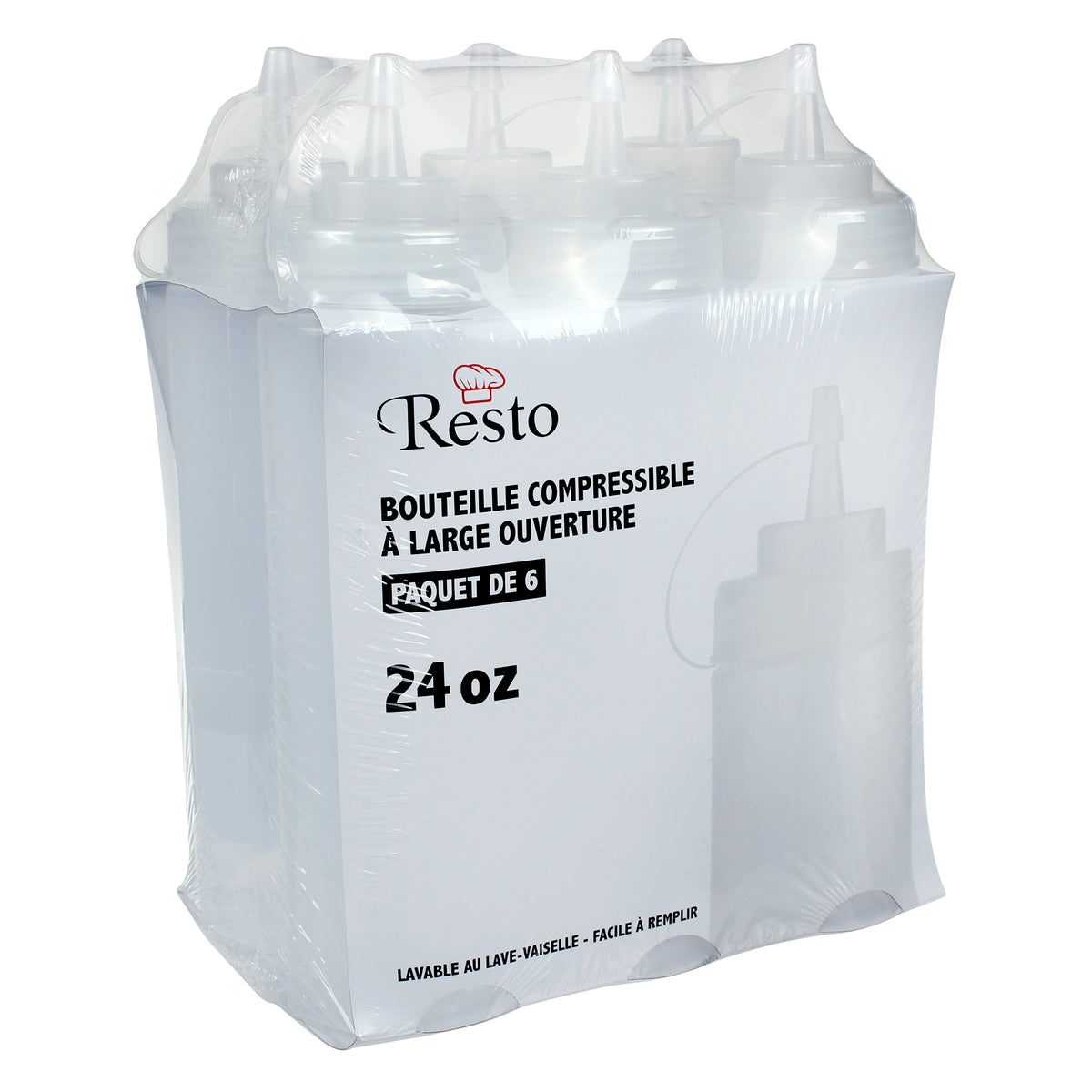 Resto 709 mL (24 oz) Clear Wide-mouth Squeeze Bottles
Pack of 6