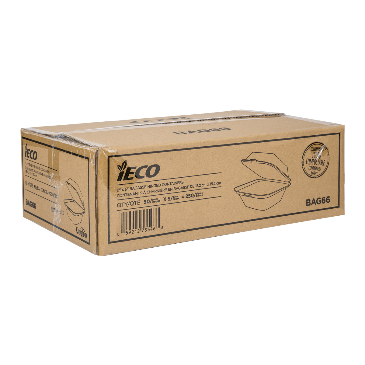 iEco Hinged Bagasse Container 6 in × 6 in
5 packs of 50