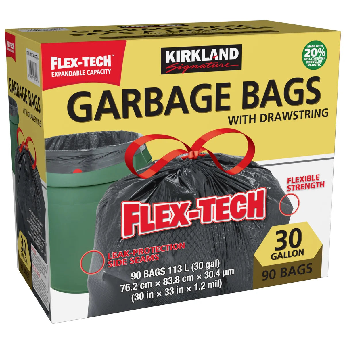 Kirkland Signature Flex-Tech Drawstring Garbage Bags (Pack of 90)