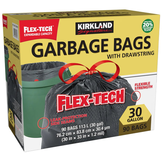 Kirkland Signature Flex-Tech Drawstring Garbage Bags (Pack of 90)